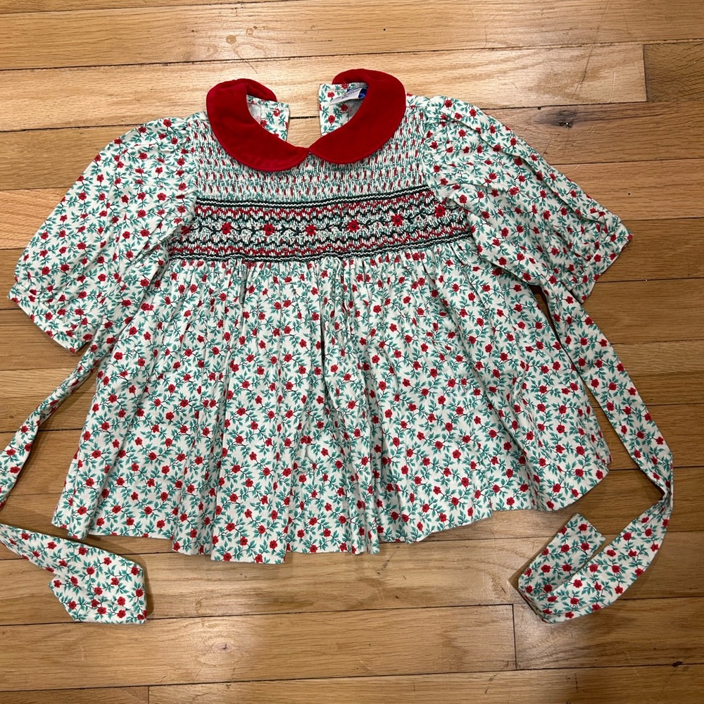 Carriage Boutique Red Velvet Collar White Dress with Red Floral Print